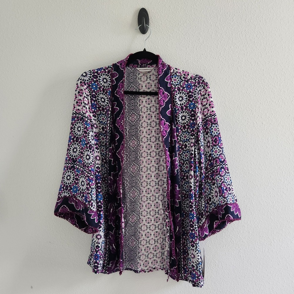 Womens Purple Tile Paisley Kimono Pom Pom Trim Cardigan S/M NWT